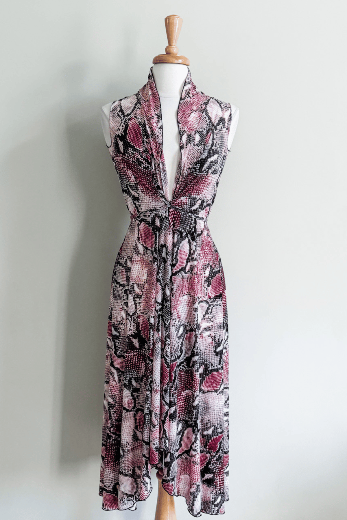 Long Goddess Dress in Cherry Snake Mesh print from Diane Kroe