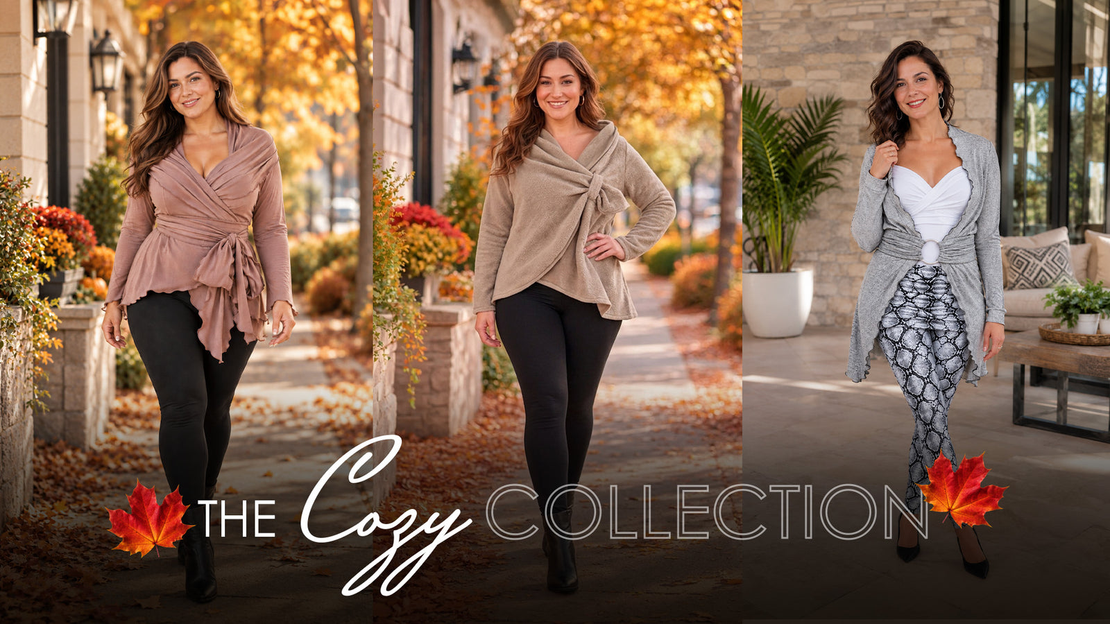 Promotional image featuring three women modeling cozy fall tops in neutral tones, paired with black or patterned bottoms, against autumn outdoor and patio settings. Text overlay reads “The Cozy Collection.”