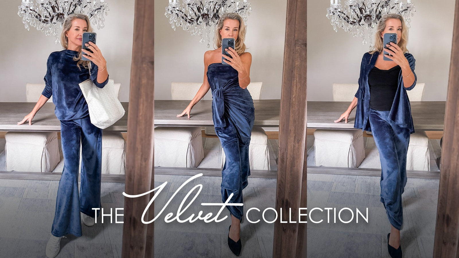Collage of Diane wearing the Velvet Collection in blue velvet. Title: The Velvet Collection