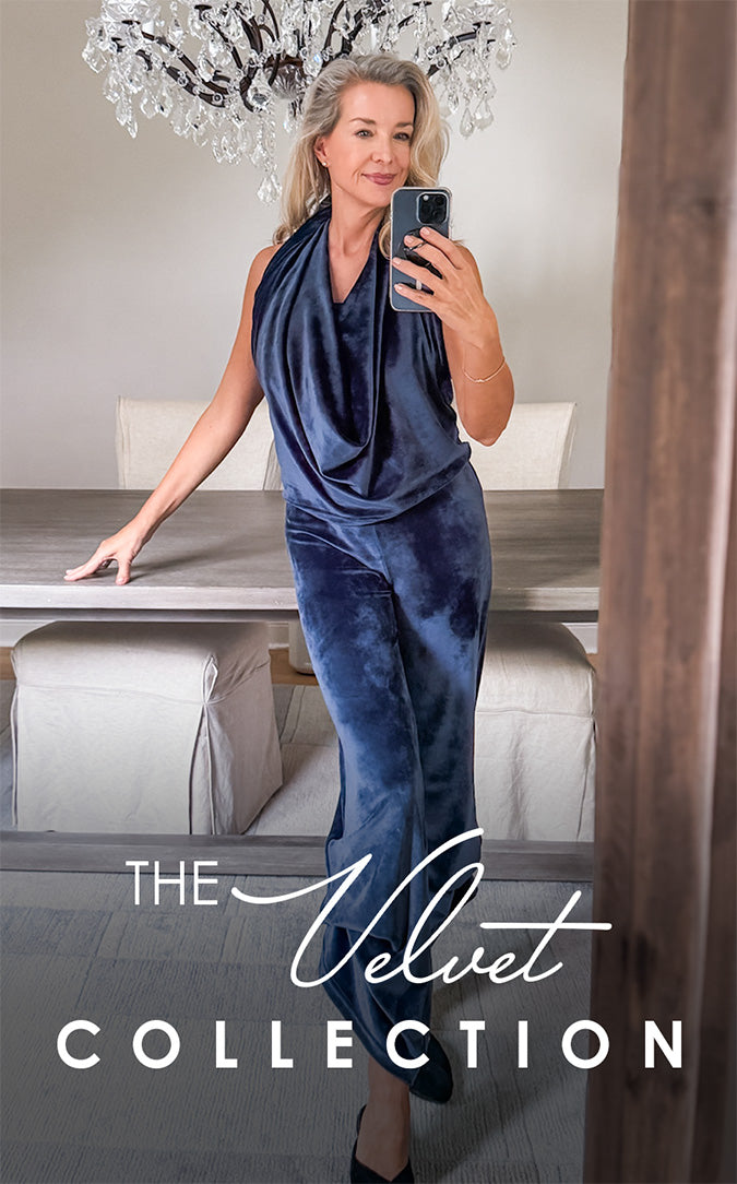 Collage of Diane wearing the Velvet Collection in blue velvet. Title: The Velvet Collection