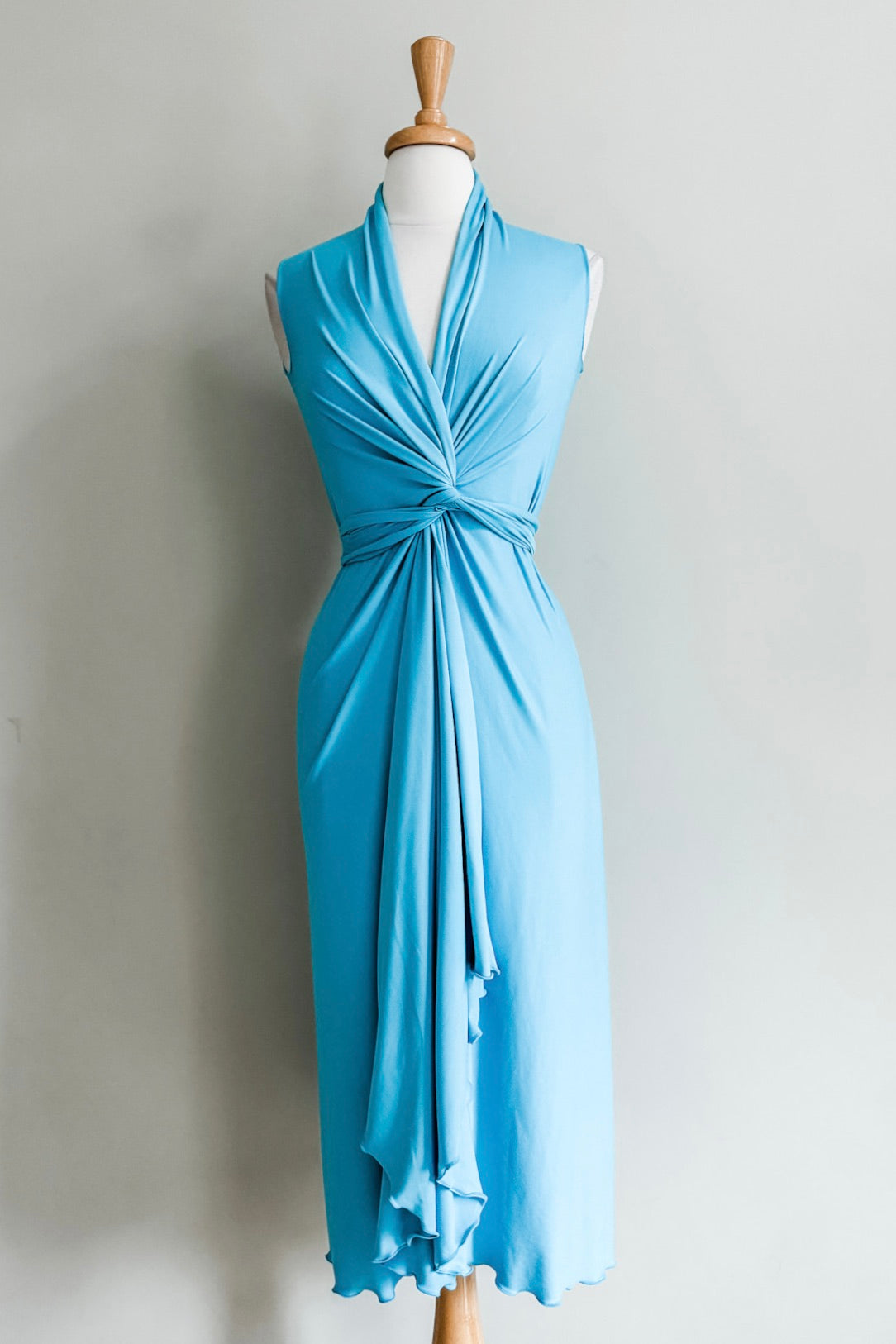 Elegant teal blue draped long, flred goddess infinity dress