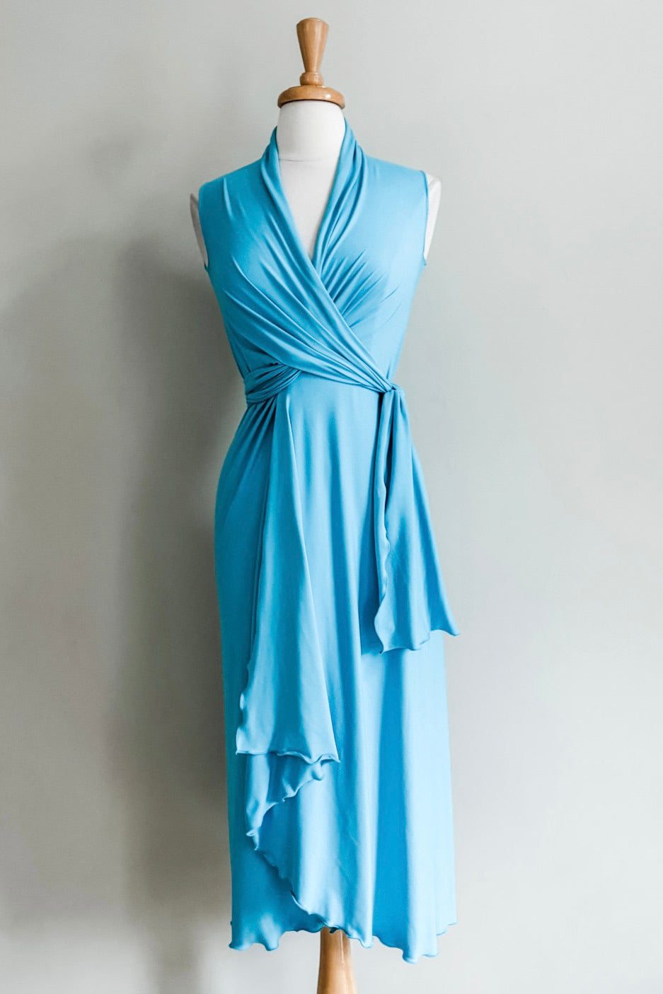 Elegant teal blue draped long, flred goddess infinity dress