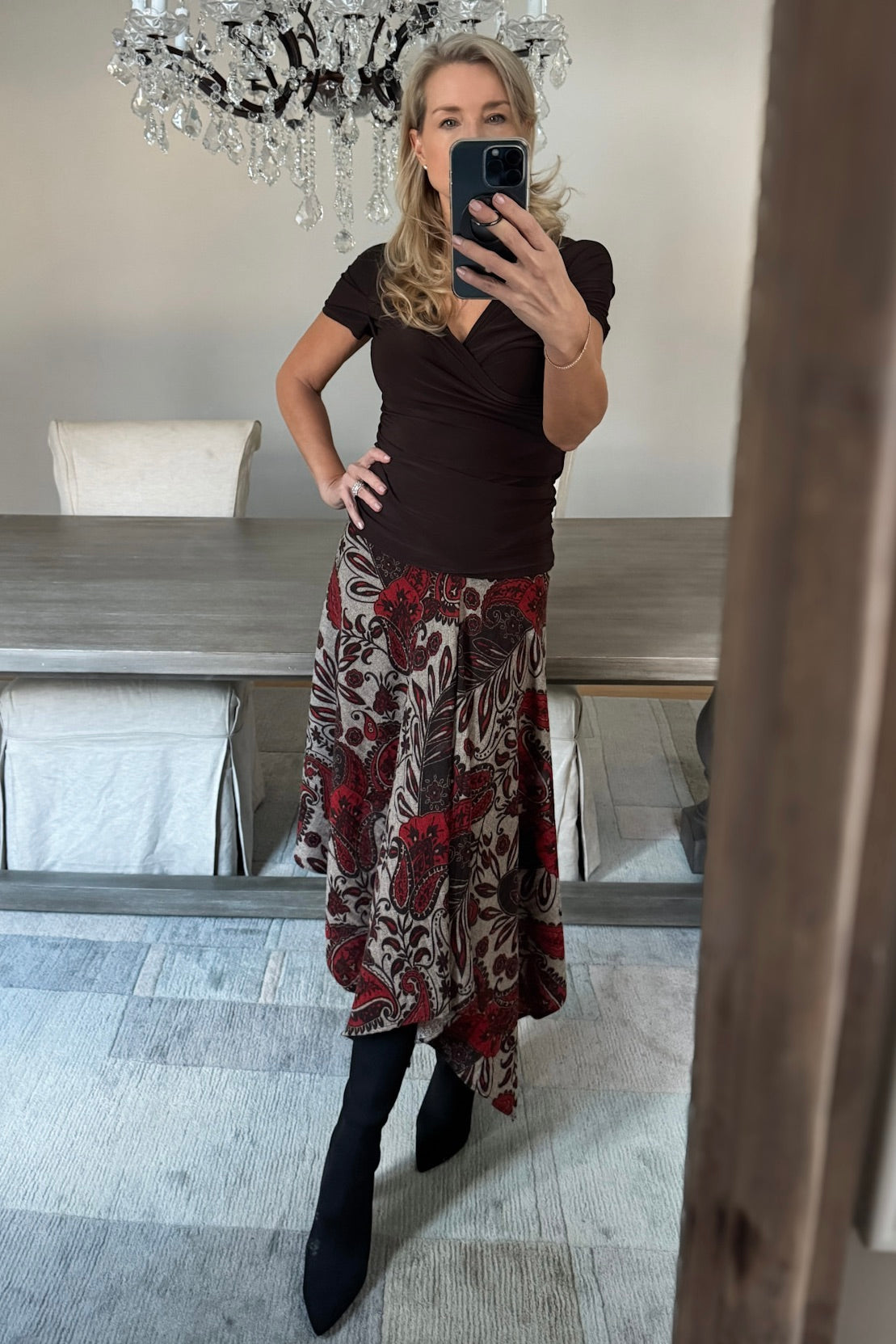 Diane Kroe Endless dress in red Spain print styled as skirt.