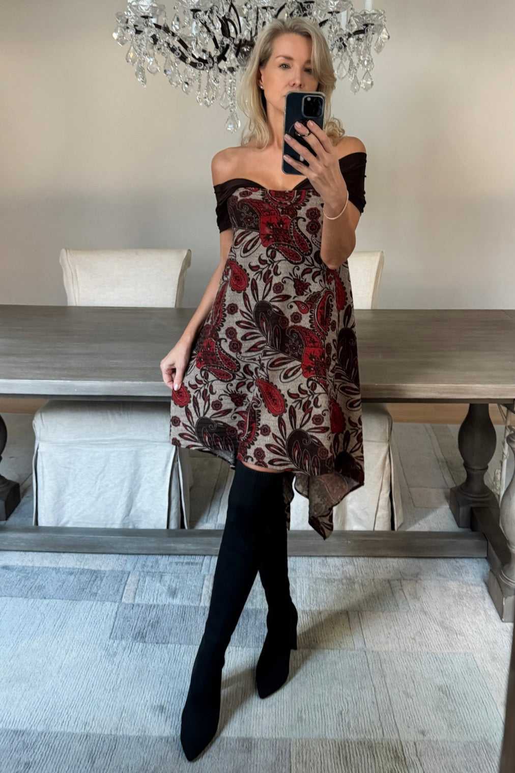 Diane Kroe Endless dress in red Spain print styled as wrap top.