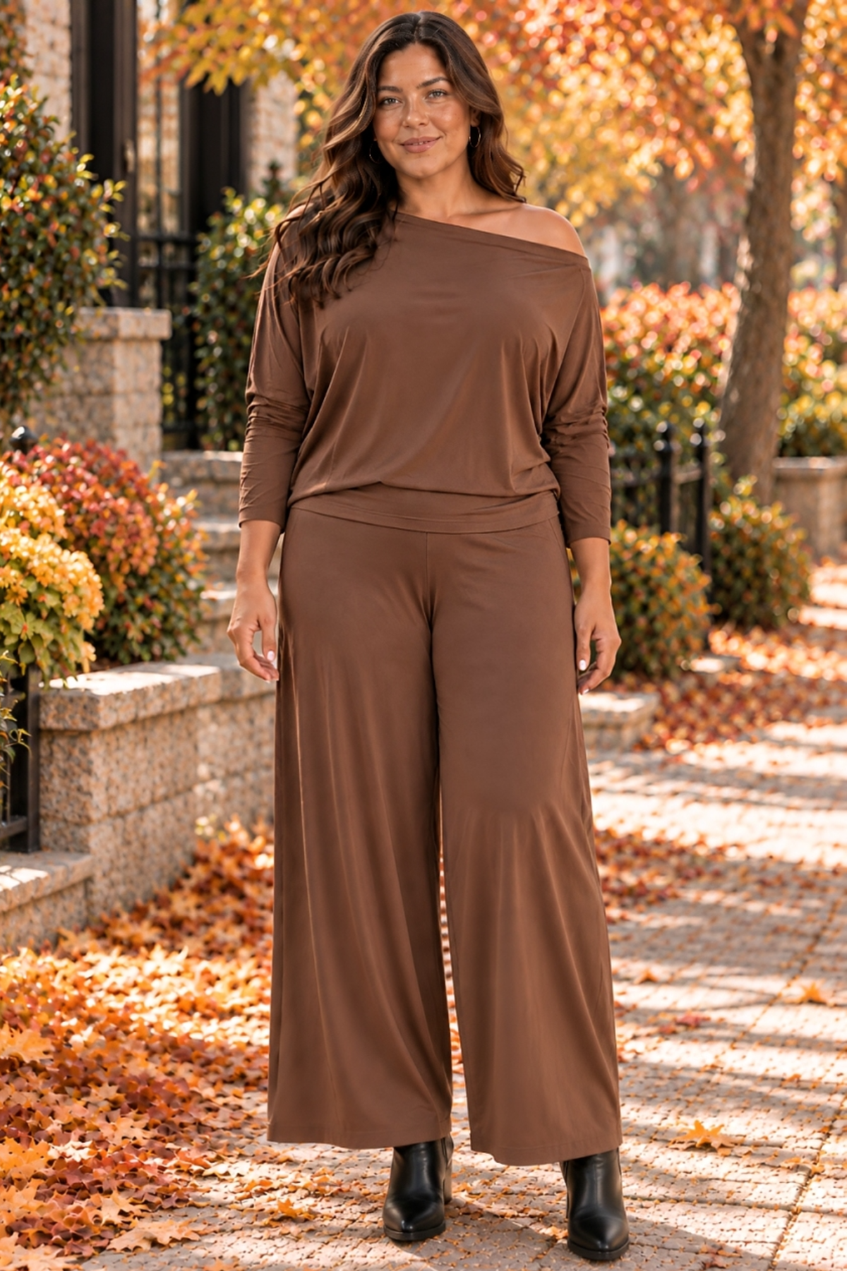 Diane Kroe Explore More Sweatshirt in Cappuccino paired with matching Fisherman Pants