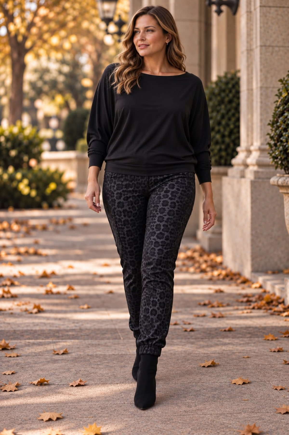 Woman in Explore More Sweatshirt and Leona Leopard Cargo Pants