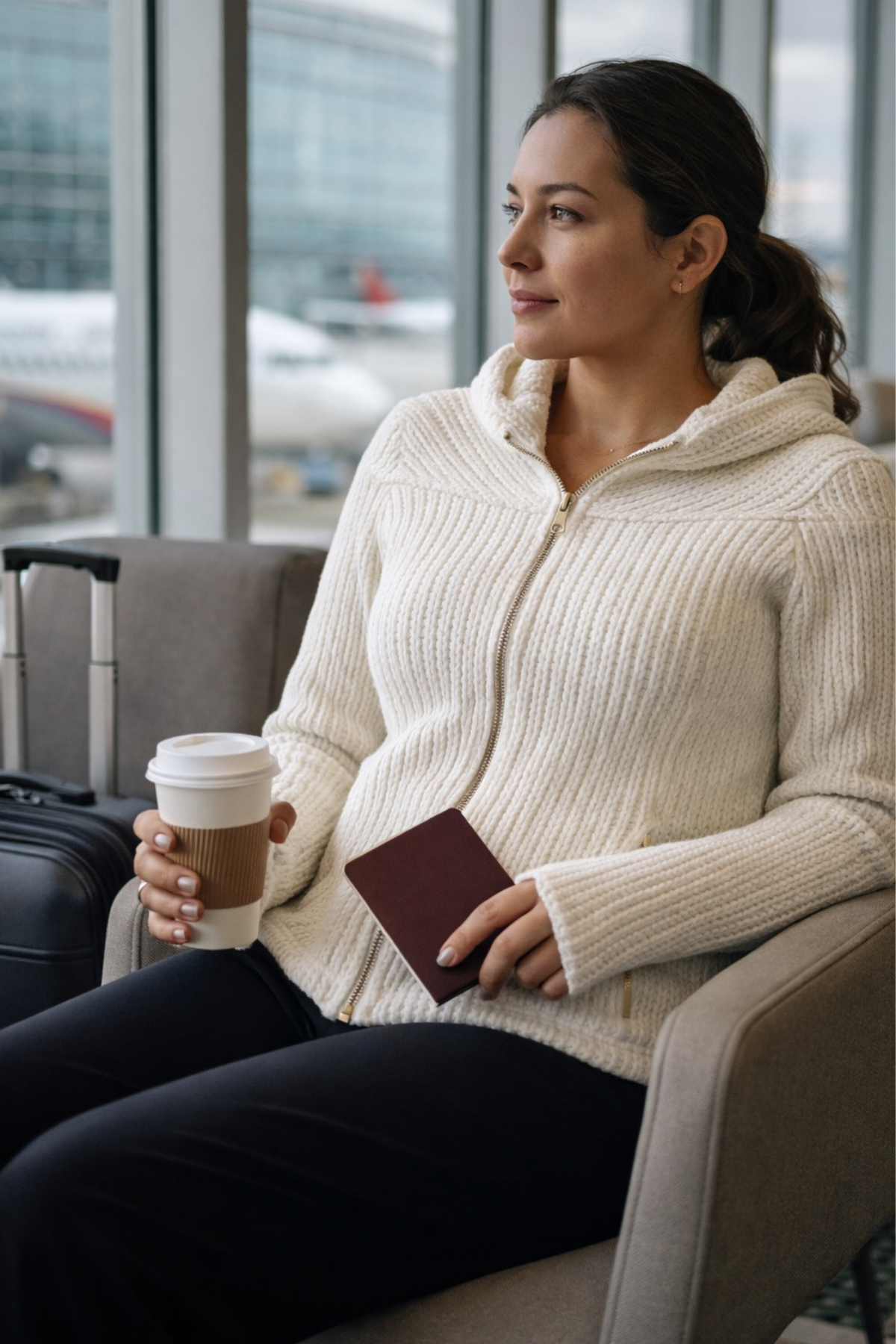 Woman wearing the white convertible travel hoodie sitting in an airport chair