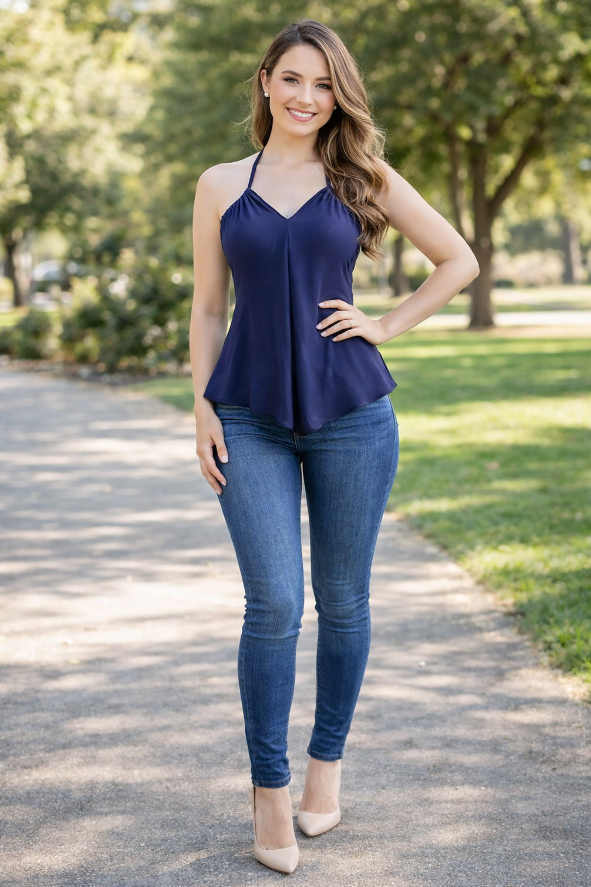 Navy Evermore Top in Brushed Venezia by Diane Kroe styled as halter top