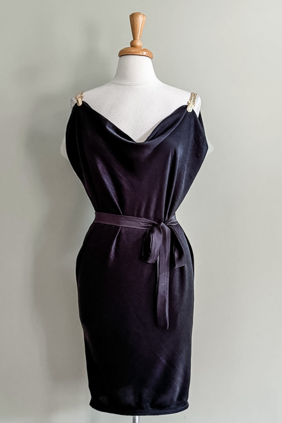 Diane Kroe Satin Skirt Dress in black satin styled as an elegant short dress