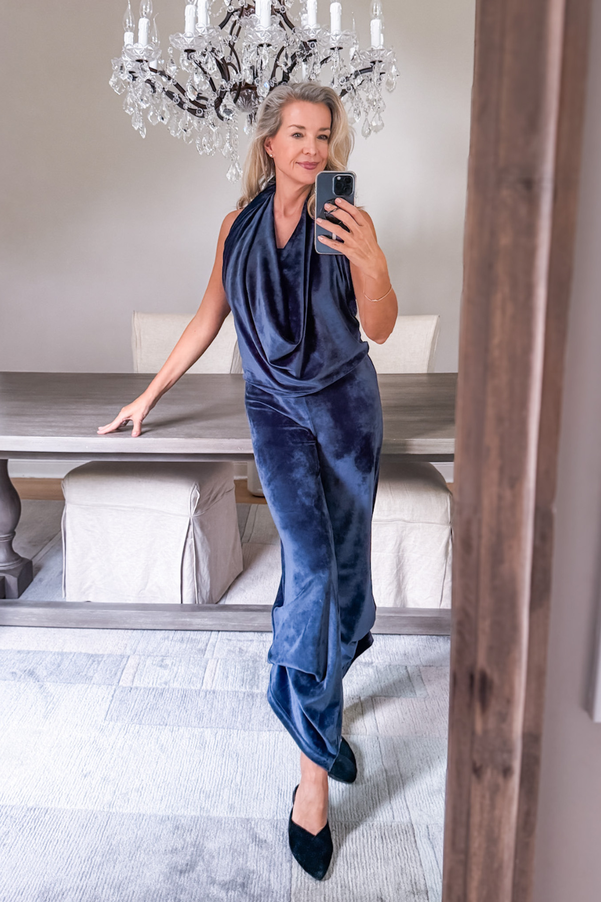 Blue Velvet Explore More Sweatshirt by Diane Kroe — a soft, versatile velvet halter top style for travel or everyday wear