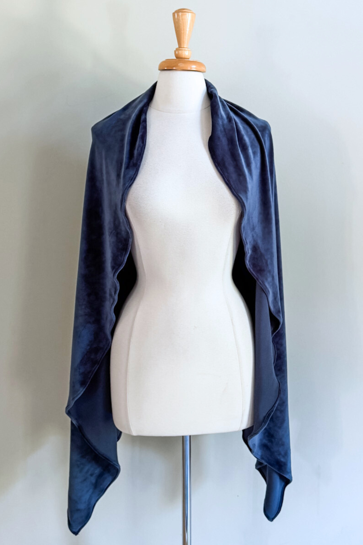 Blue Velvet Minkey Wrap by Diane Kroe — a soft, luxurious velvet cardigan style perfect for travel and everyday wear