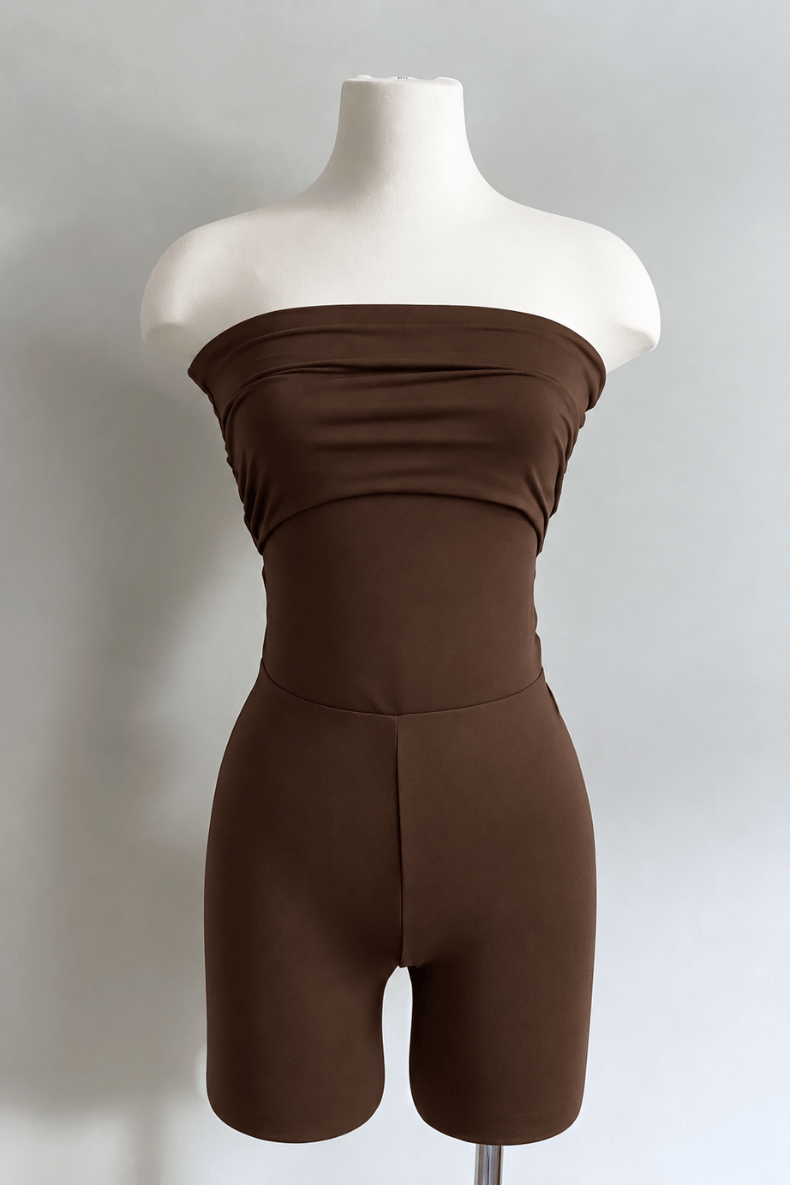 Diane Kroe Brown Skort styled as a romper in Brazil Knit
