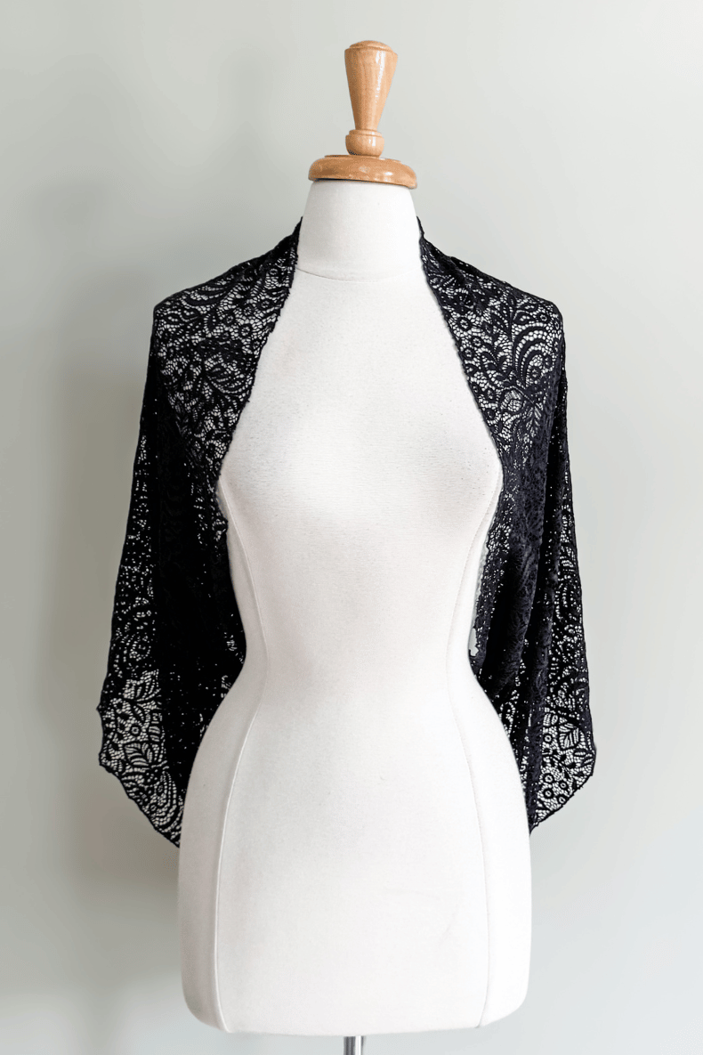 Diane Kroe Black Lace Mantilla Wrap styled as an open-front lace shrug