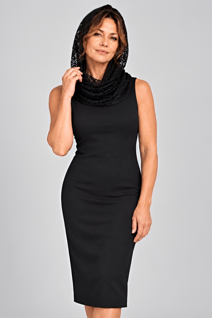 Woman wearing Diane Kroe Black Lace Mantilla Wrap as a hooded scarf with a sleeveless black dress