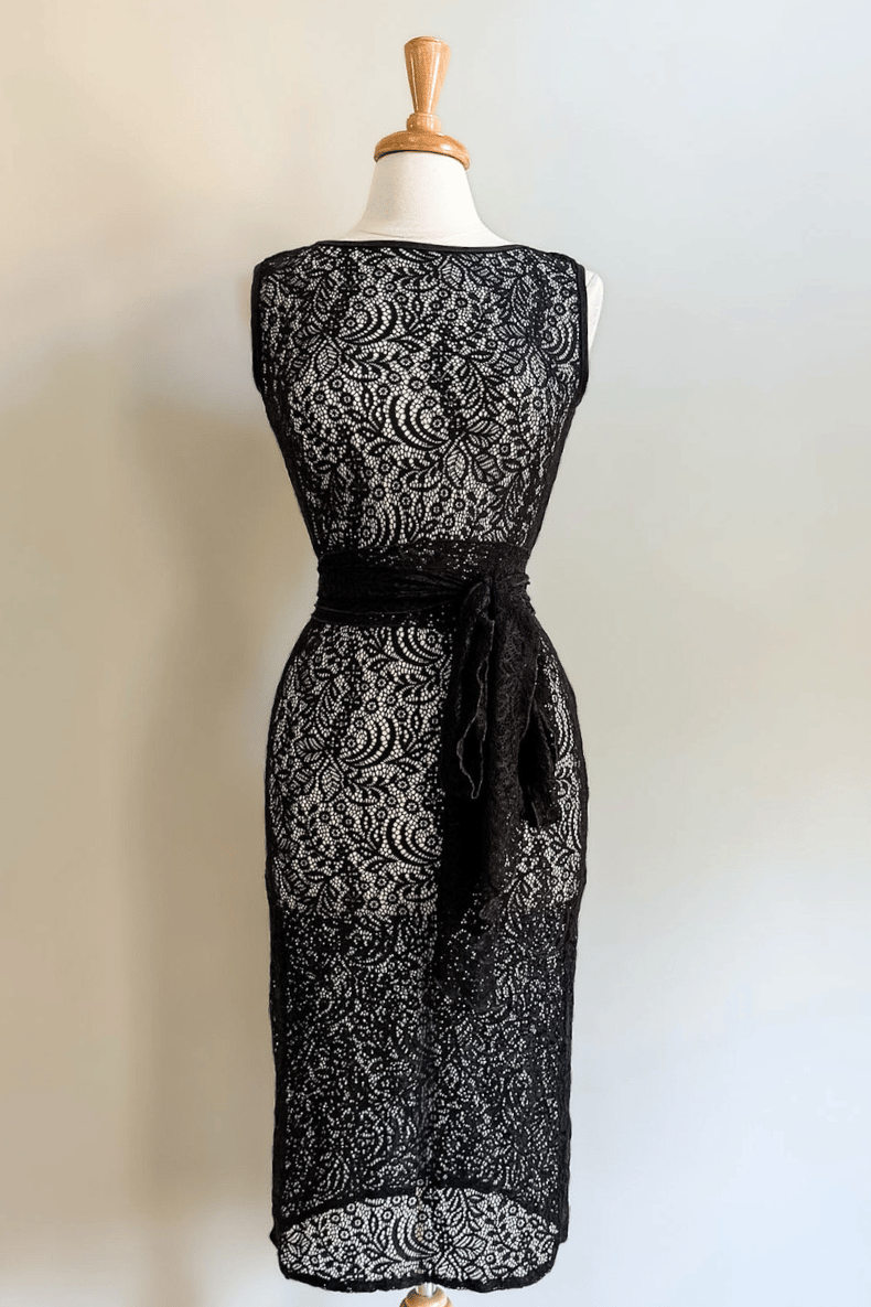Diane Kroe Black Mantilla Lace Sheath Dress Overlay layered over Sheath Slip Dress 