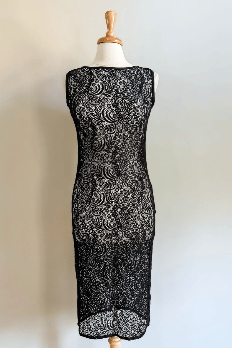 Diane Kroe Black Mantilla Lace Sheath Dress Overlay with elegant floral lace design