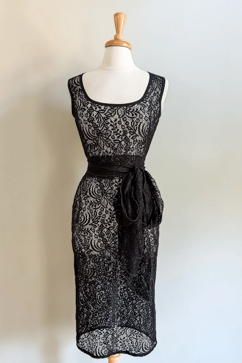 Diane Kroe Black Mantilla Lace Sheath Dress Overlay with elegant floral lace design paired with sash