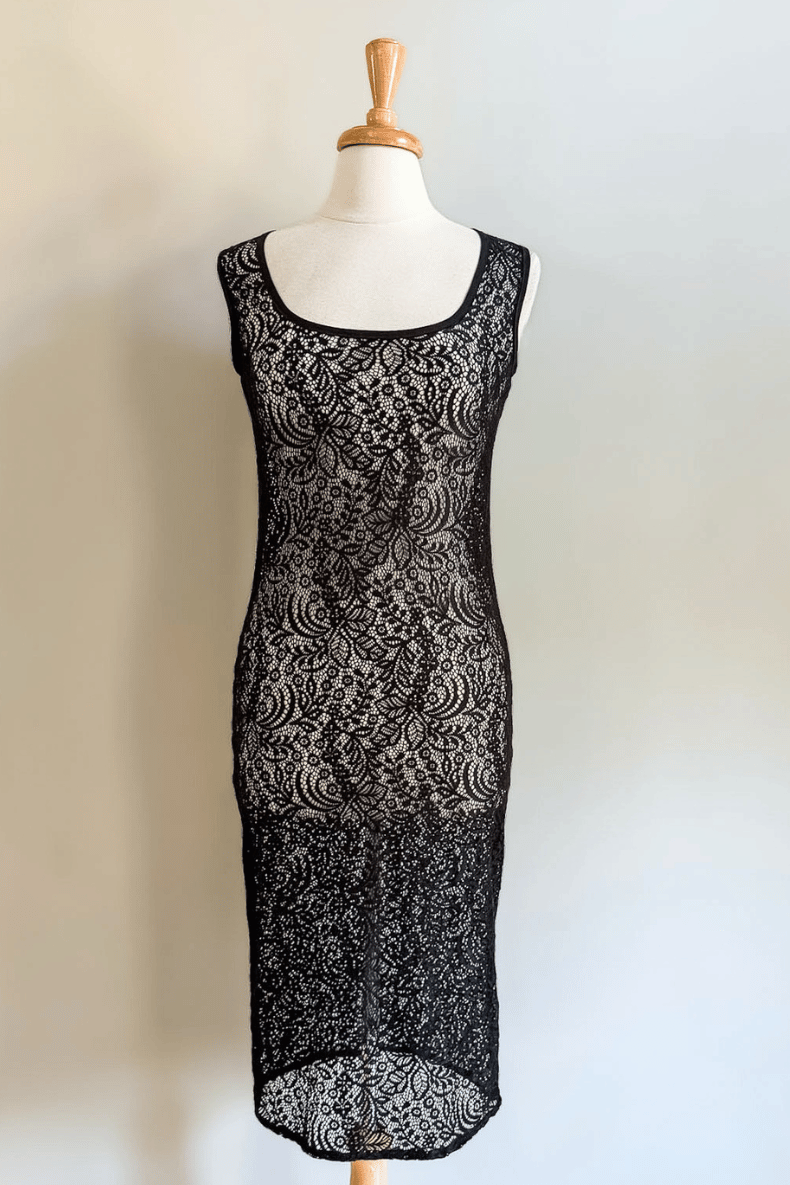Diane Kroe Black Mantilla Lace Sheath Dress Overlay with elegant floral lace design