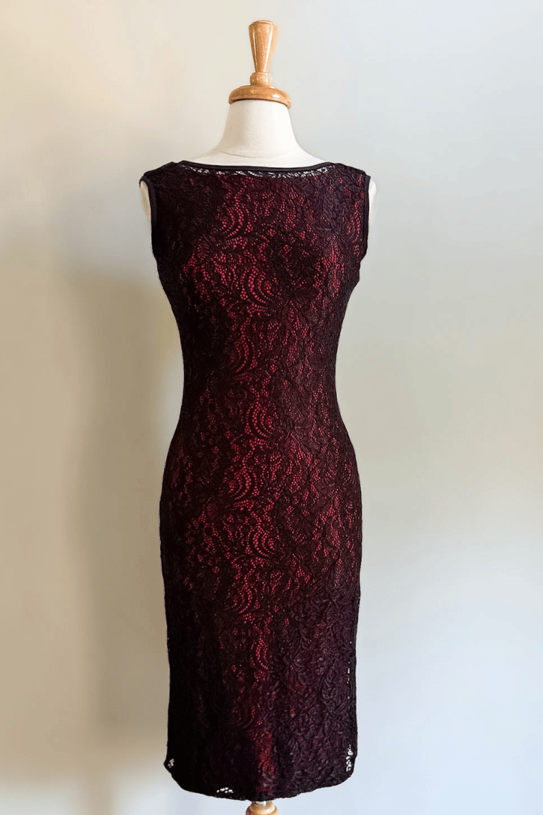 Diane Kroe Black Mantilla Lace Sheath Dress Overlay layered over Sheath Slip Dress 