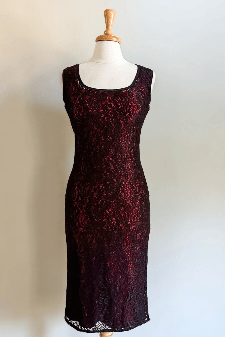 Diane Kroe Black Mantilla Lace Sheath Dress Overlay  layered over Sheath Slip Dress