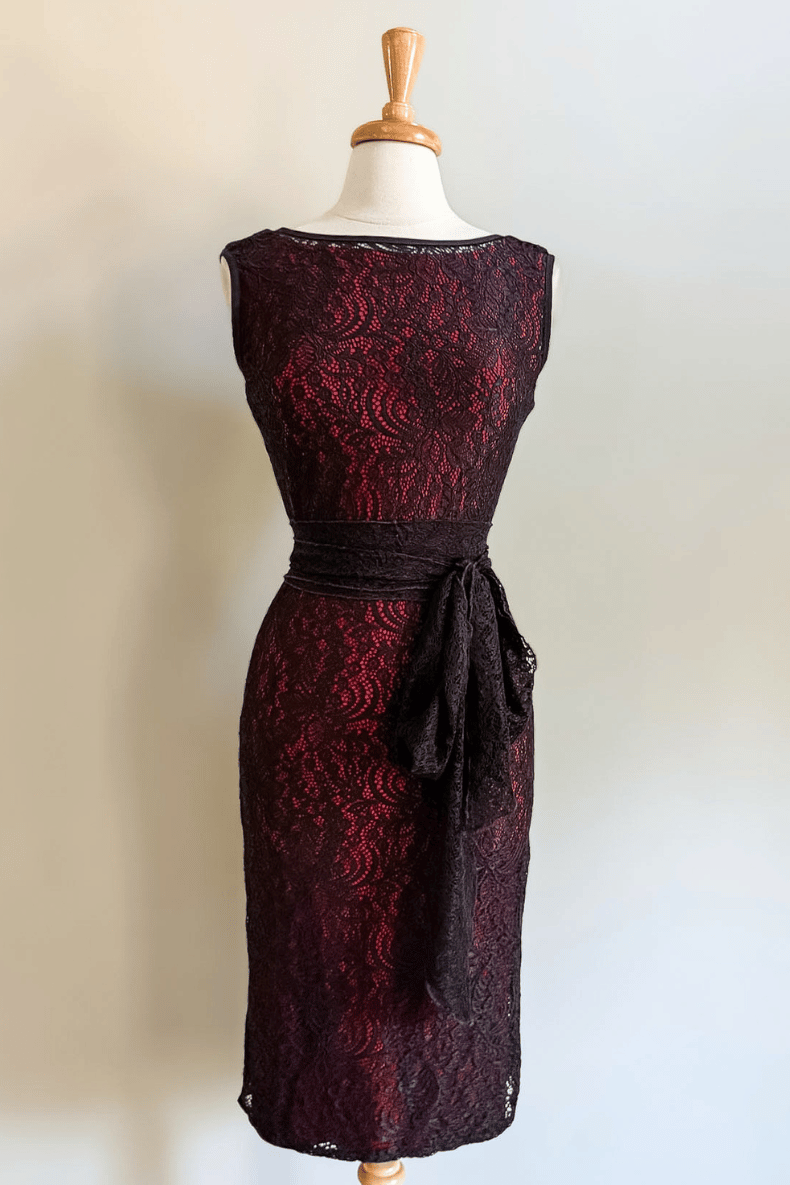 Diane Kroe Black Mantilla Lace Sheath Dress Overlay layered over Sheath Slip Dress with a sash