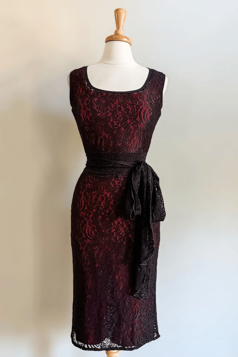 Diane Kroe Black Mantilla Lace Sheath Dress Overlay  layered over Sheath Slip Dress with a sash