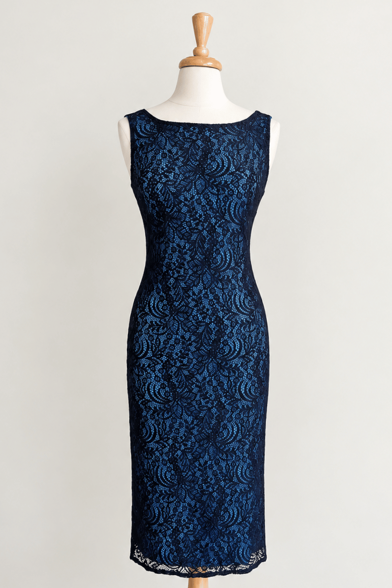 Diane Kroe Black Mantilla Lace Sheath Dress Overlay layered over Sheath Slip Dress 
