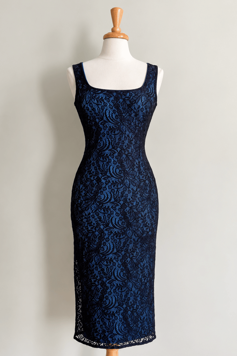 Diane Kroe Black Mantilla Lace Sheath Dress Overlay layered over Sheath Slip Dress 