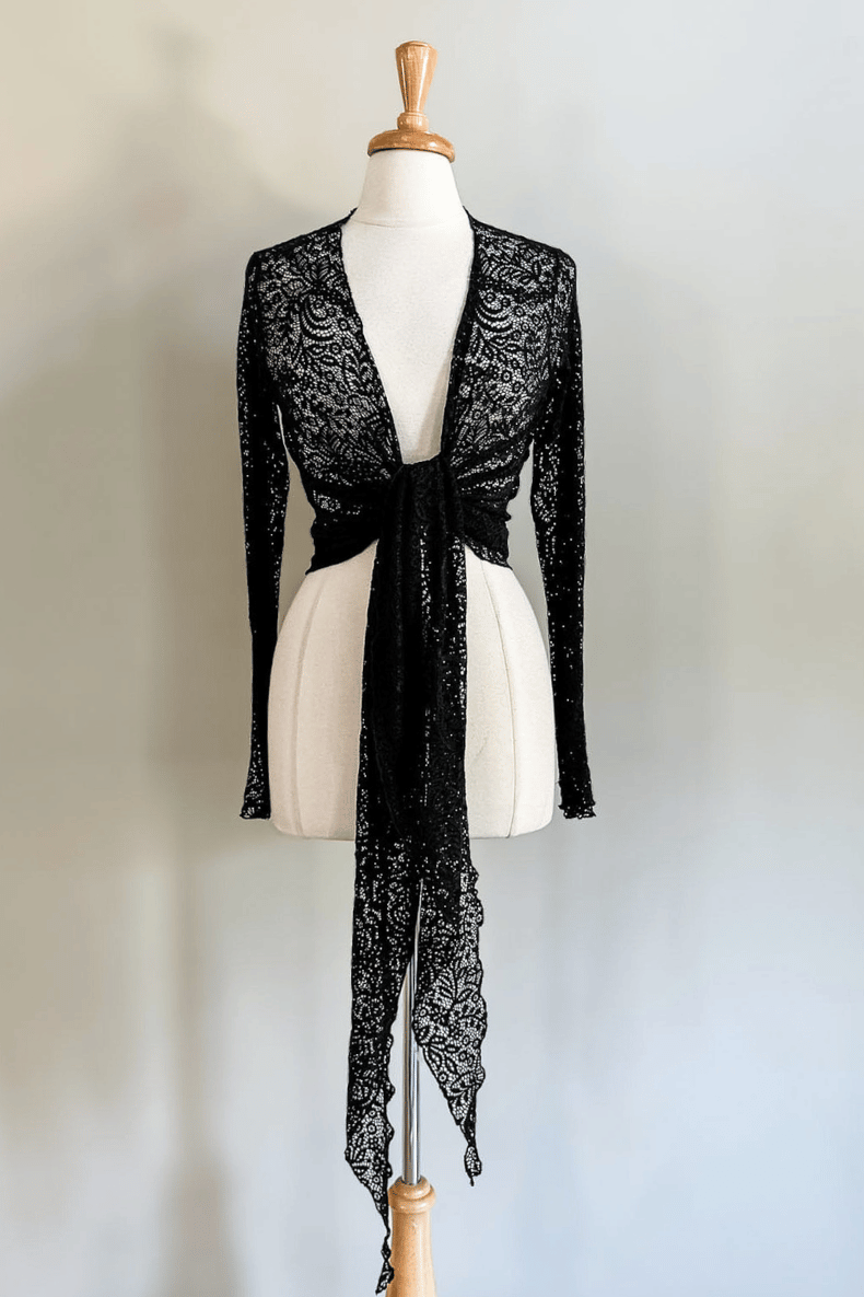 Diane Kroe Black Mantilla Lace Wrap Top in soft floral stretch lace