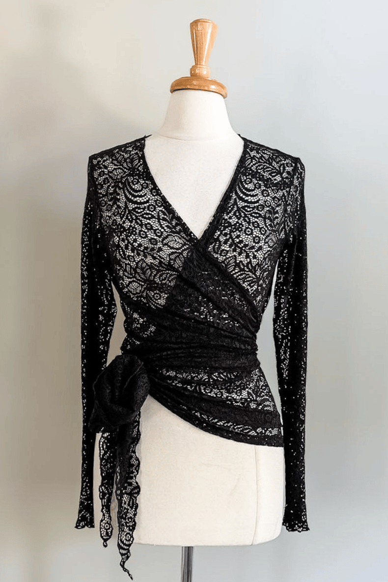Diane Kroe Black Mantilla Lace Wrap Top in soft floral stretch lace