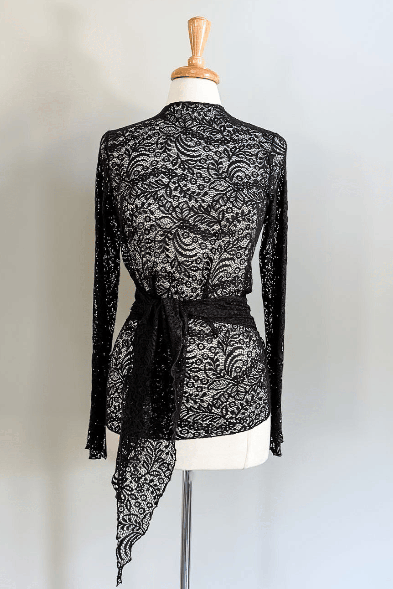 Diane Kroe Black Mantilla Lace Wrap Top in soft floral stretch lace