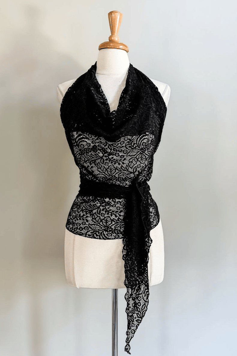 Diane Kroe Black Mantilla Lace Wrap Top in soft floral stretch lace
