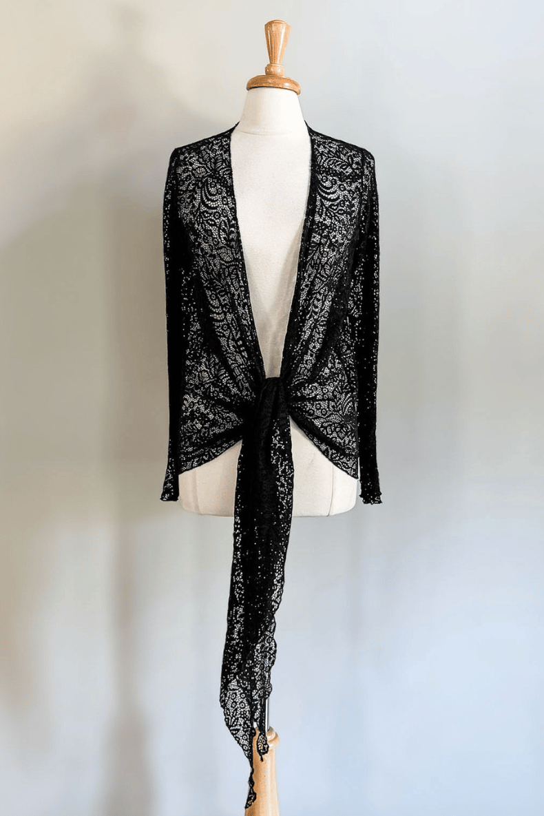Diane Kroe Black Mantilla Lace Wrap Top in soft floral stretch lace