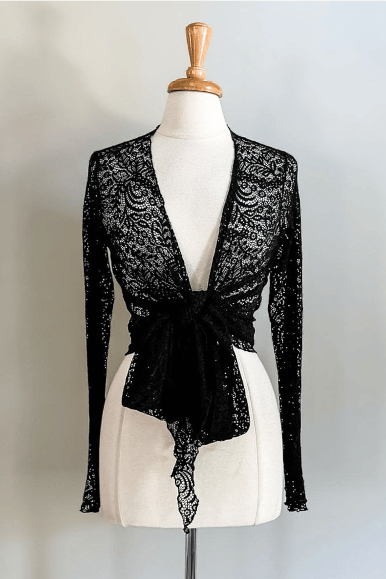 Diane Kroe Black Mantilla Lace Wrap Top in soft floral stretch lace