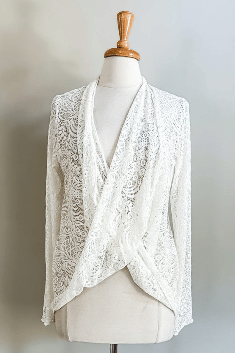 Diane Kroe Ivory Mantilla Lace Wrap Top in soft floral stretch lace
