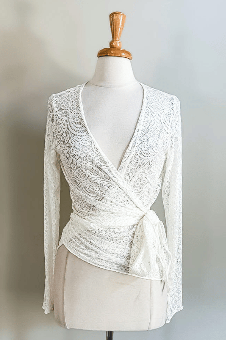 Diane Kroe Ivory Mantilla Lace Wrap Top in soft floral stretch lace