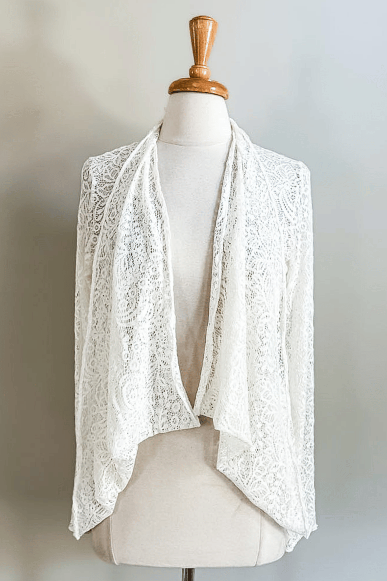 Diane Kroe Ivory Mantilla Lace Wrap Top in soft floral stretch lace