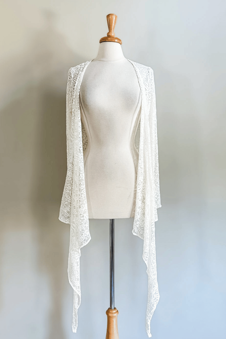 Diane Kroe Ivory Mantilla Lace Wrap Top in soft floral stretch lace
