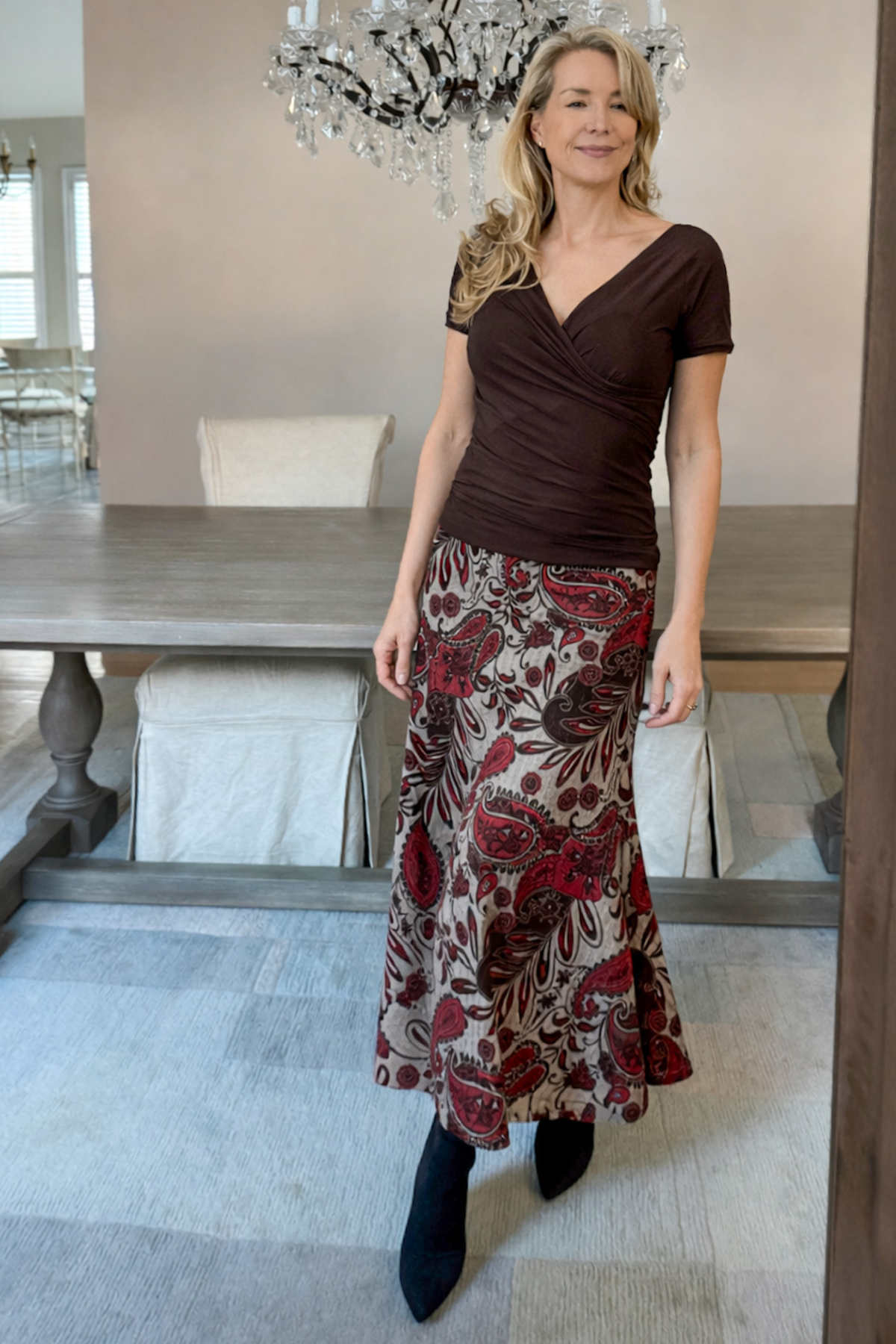 Diane Kroe brown cross top with flattering crossover design.