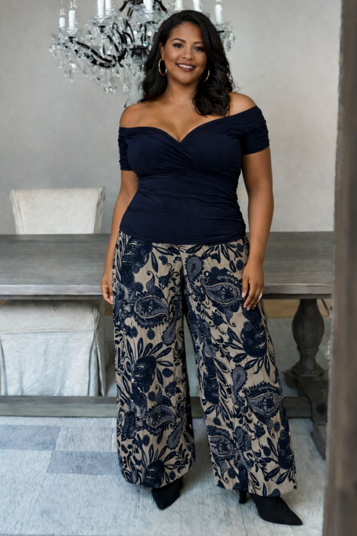 Diane Kroe navy cross top with flattering crossover design.