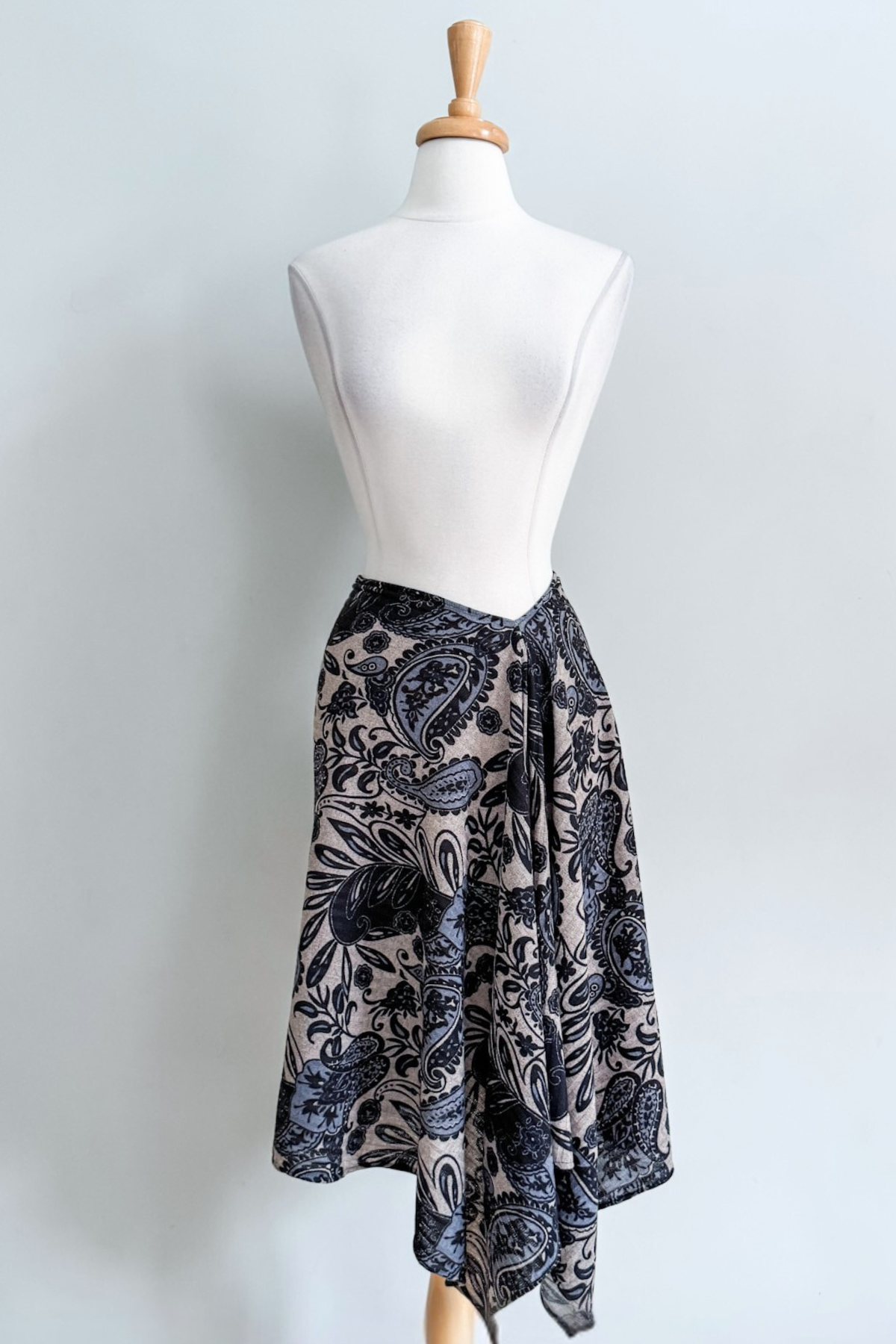 Diane Kroe Endless dress in blue Spain print styled as skirt.