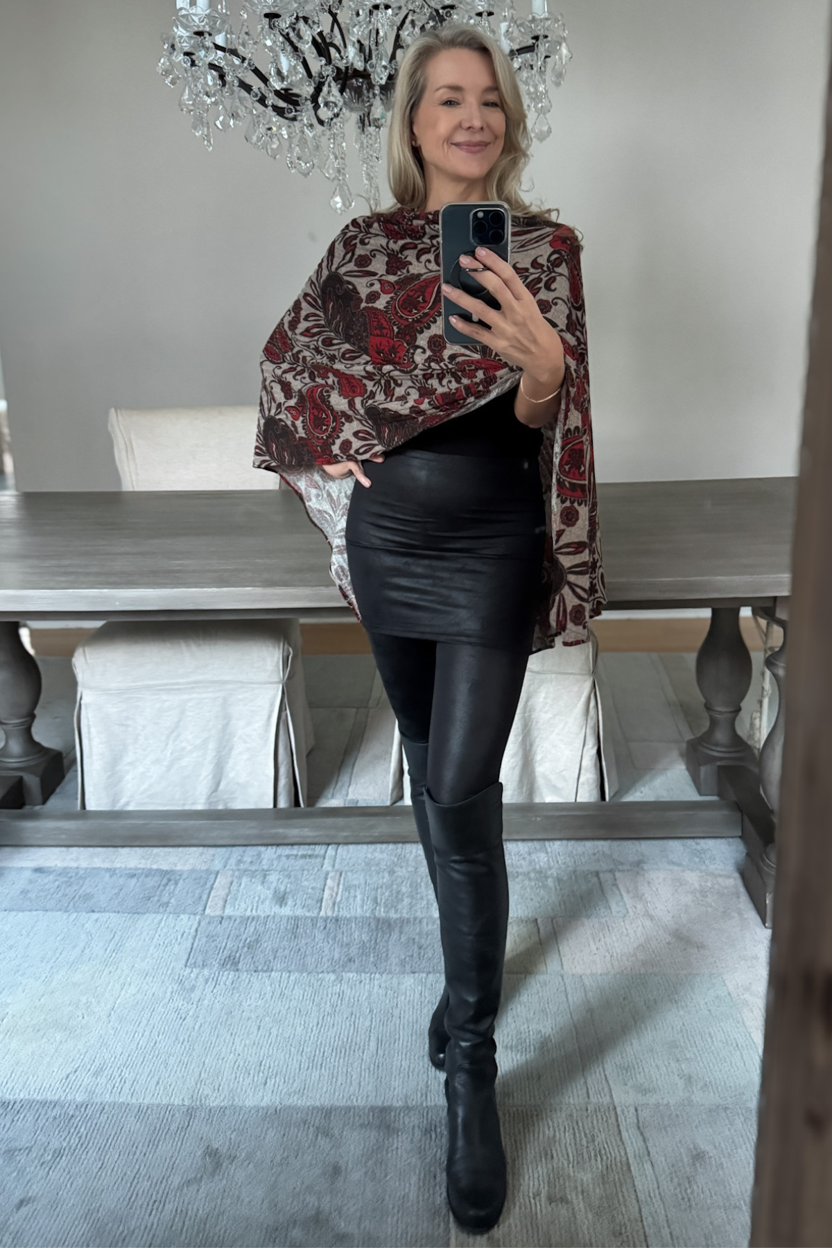 Diane Kroe Endless dress in red Spain print styled as wrap top.