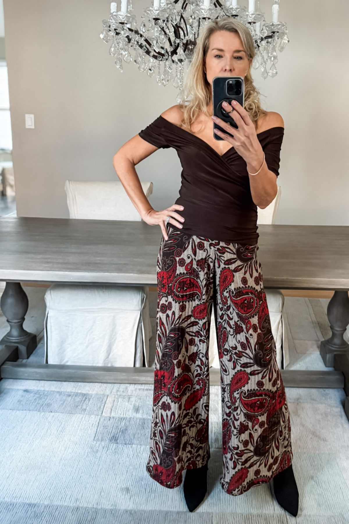 Diane Kroe PJ pants in red Spain print paired with brown cross top.