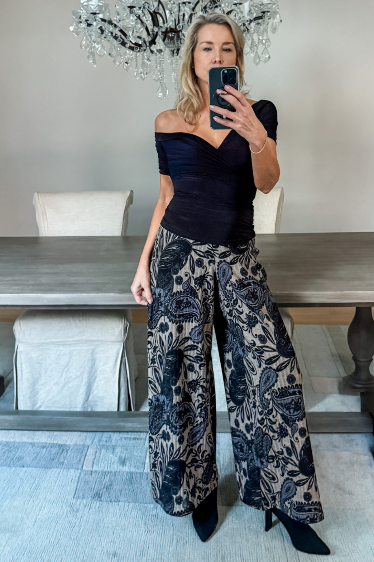 Diane Kroe PJ pants in blue Spain print paired with black cross top.