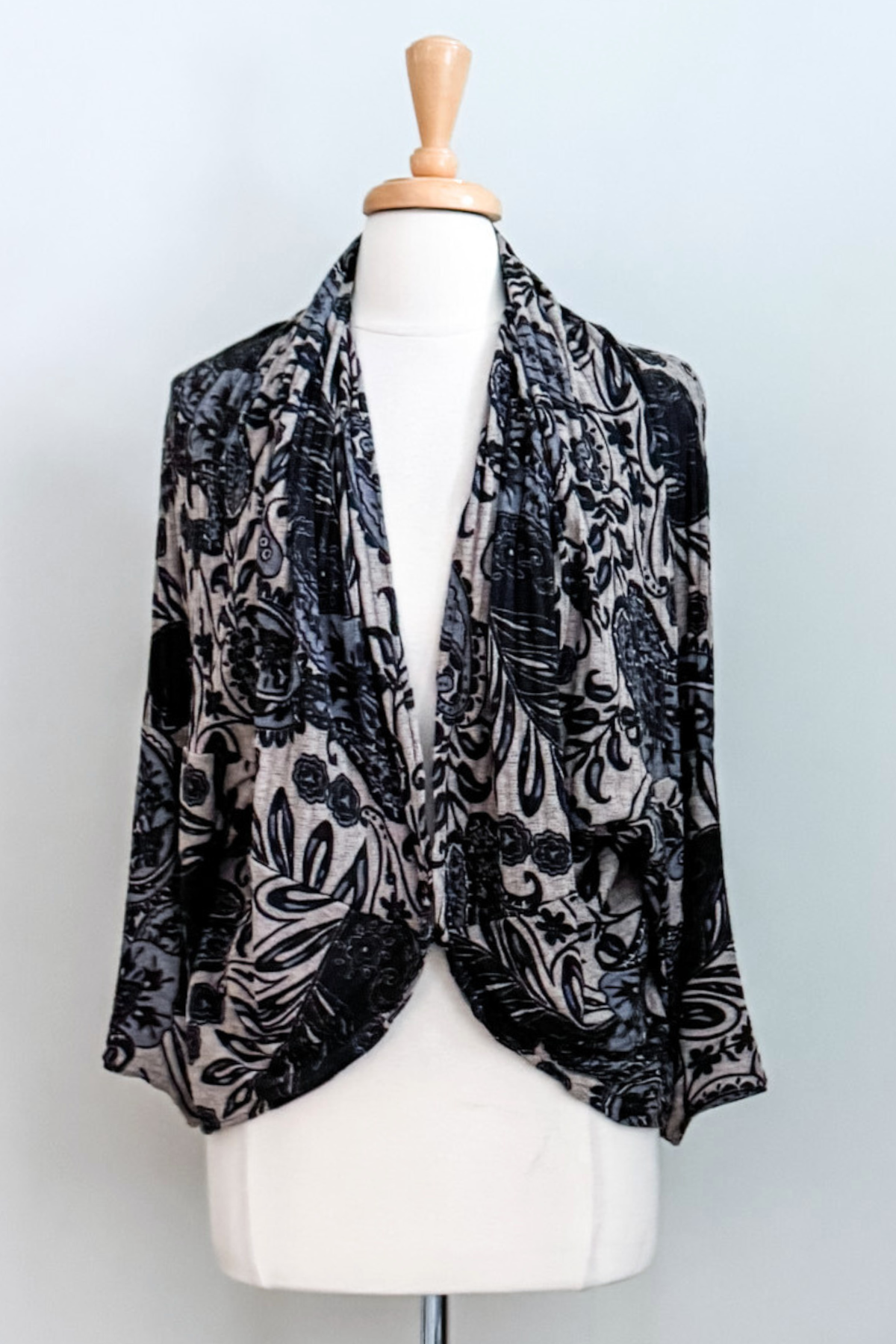 Diane Kroe Wanderlust wrap in blue Spain print.