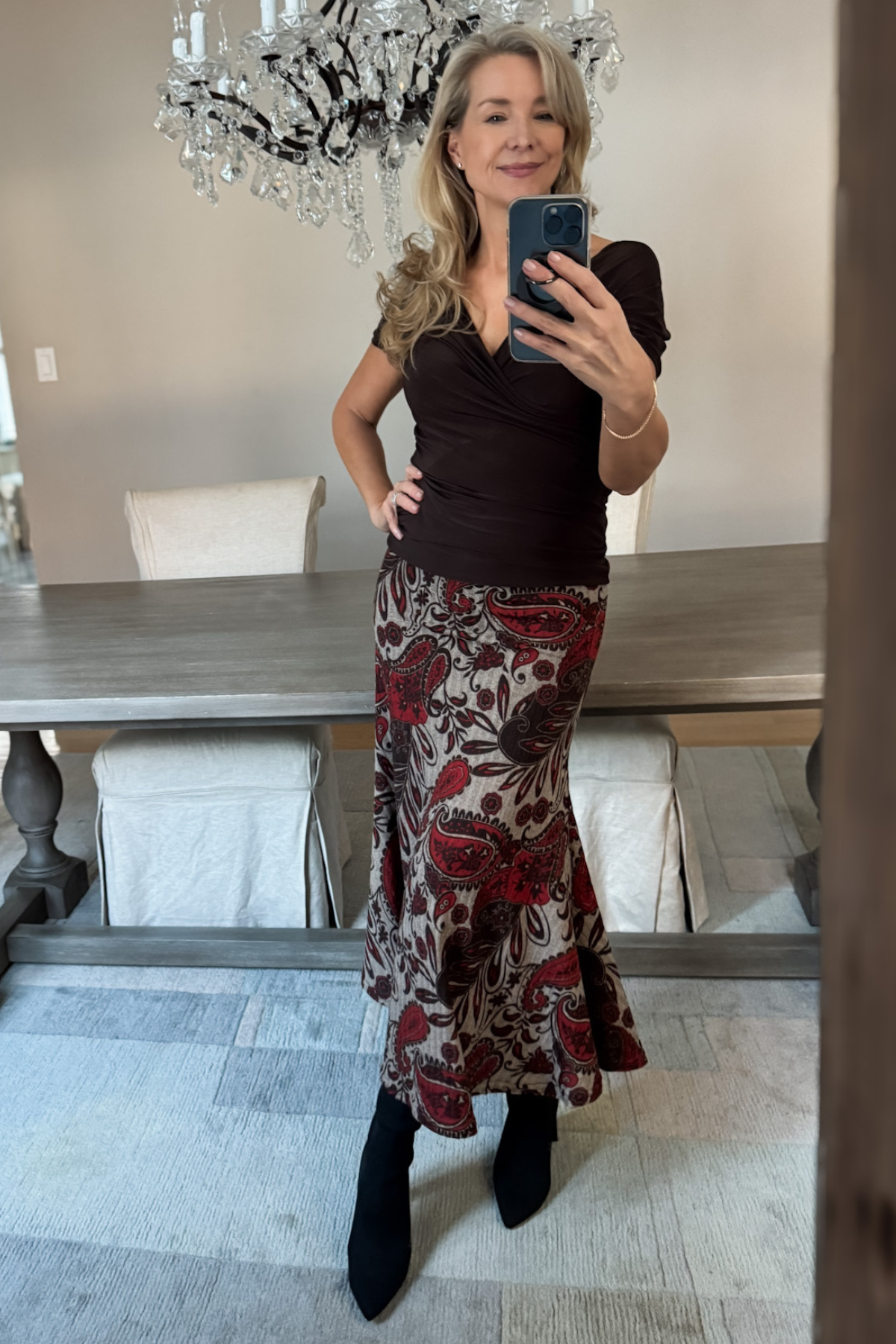 Diane Kroe Wear-Ever dress in red Spain print styled as skirt.