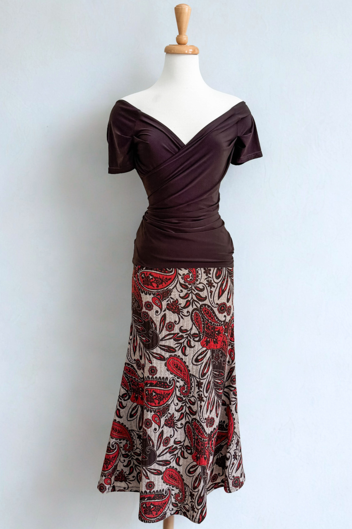Diane Kroe Wear-Ever dress in red Spain print worn as skirt.