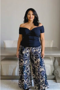 Diane Kroe navy cross top with flattering crossover design paired with blue Spain print PJ pants video.