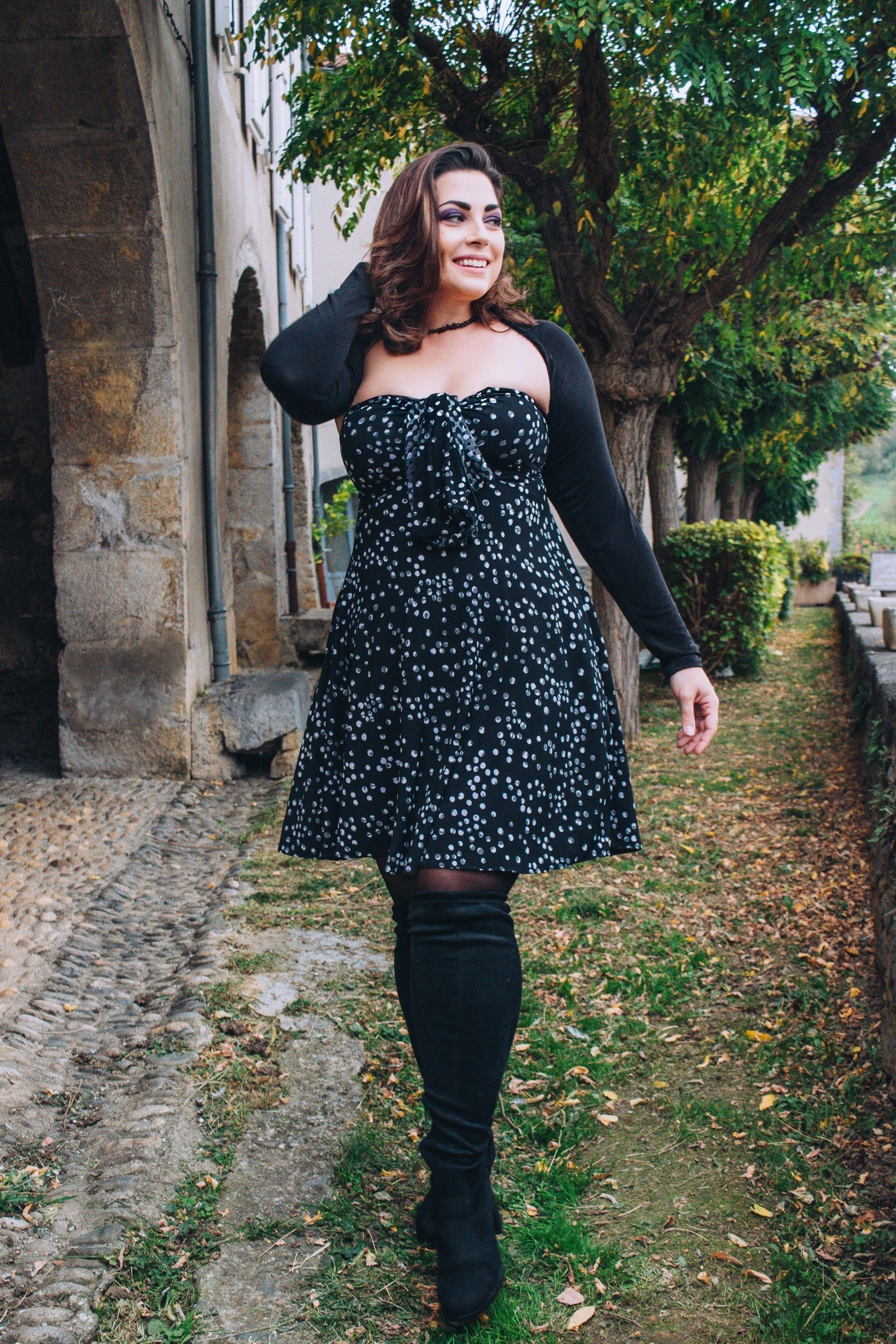 flowy floral dress & black tights for winter