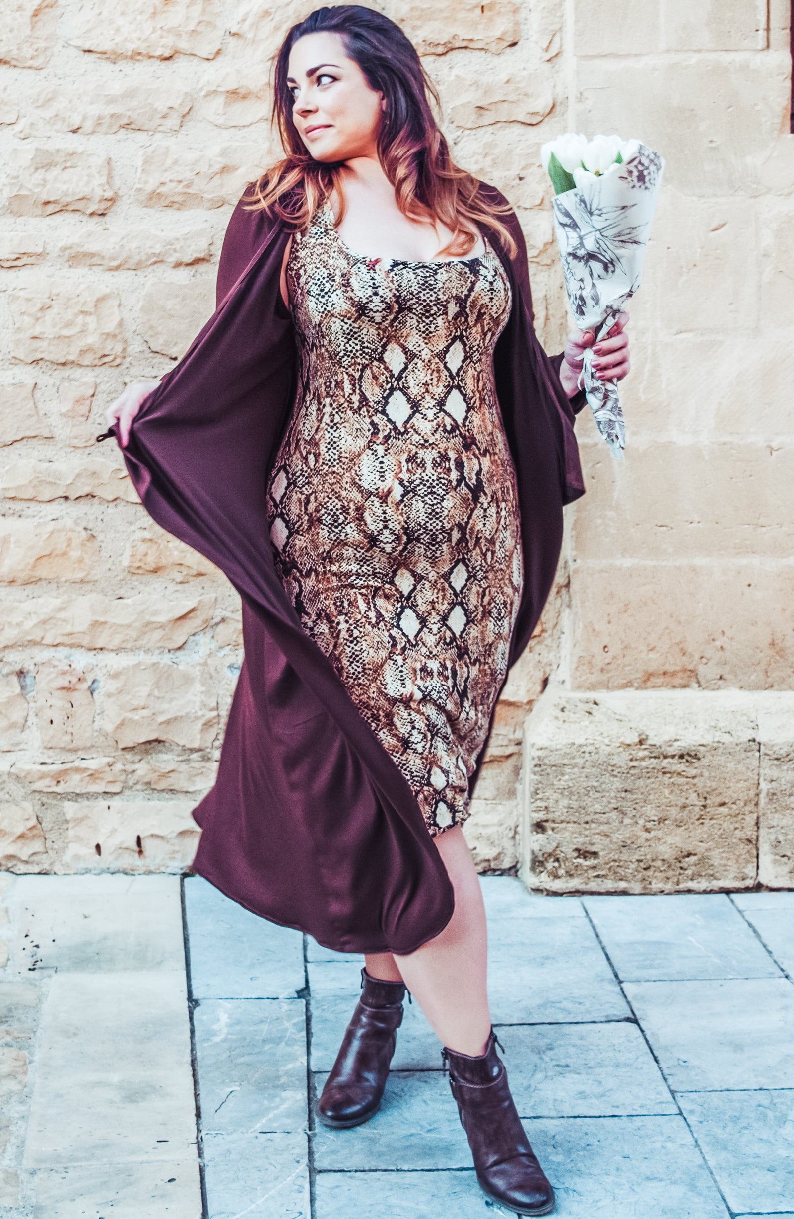 Duster Wrap Dress in Brown Brushed